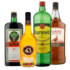 Hartevelt jenever
of Famous Grouse whisky fles à 1.5 liter,
Jägermeister of Licor 43 fles à 1.75 liter